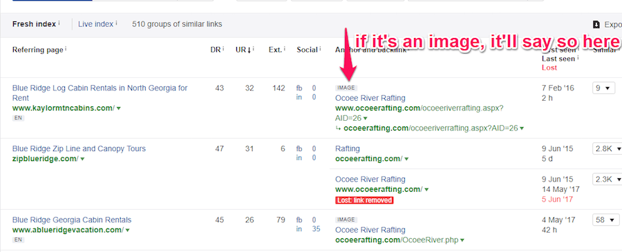 Screenshot showing a list of backlinks for Ocoeerafting.com and an arrow pointing to one indicating that it is an image