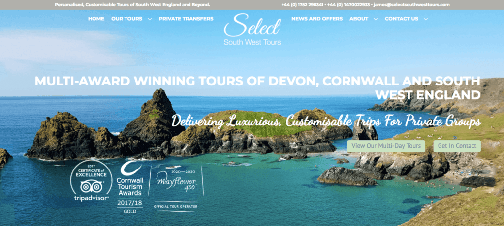 Select South West homepage hero image of the coast with rocky outcroppings