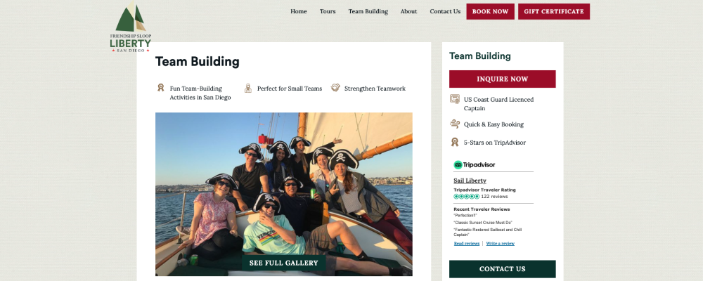 Screenshot of Sail Liberty website with happy customers on team building exercise package